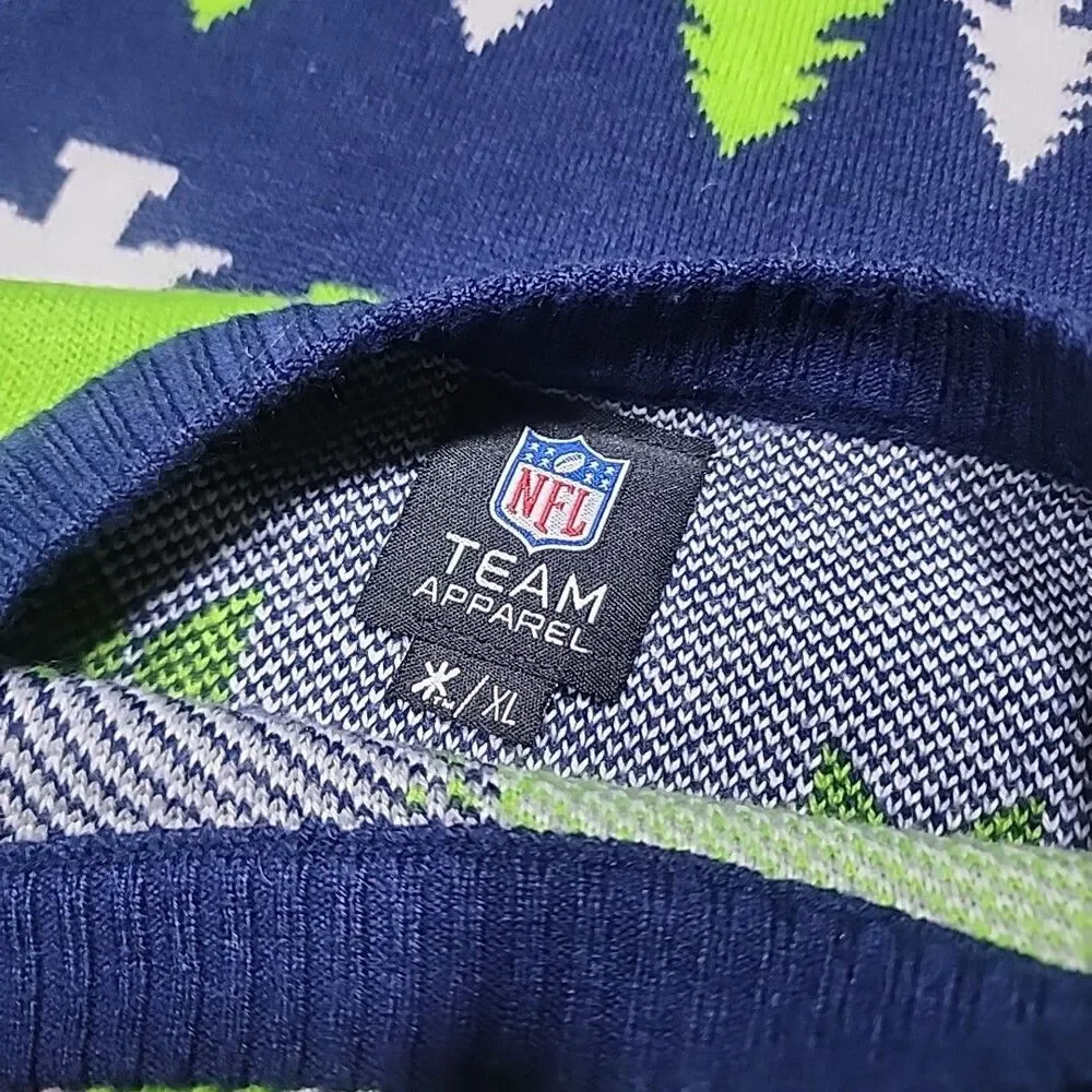 NFL Team Apparel Mens Medium Seattle Seahawks Lime Green Blue Christmas Sweater